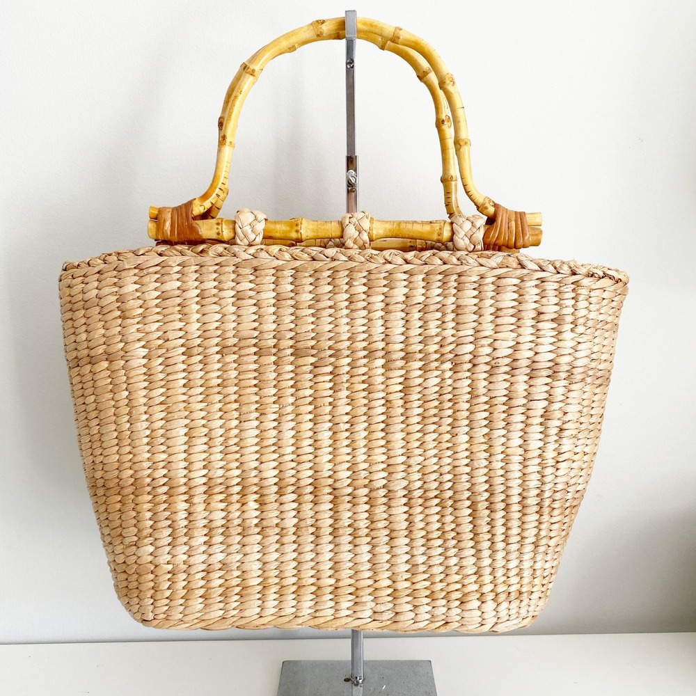 Cappelli Straworld Woven Straw Tote Bag Bamboo Handle Koi Fish Sequin Floral - Picture 3 of 8